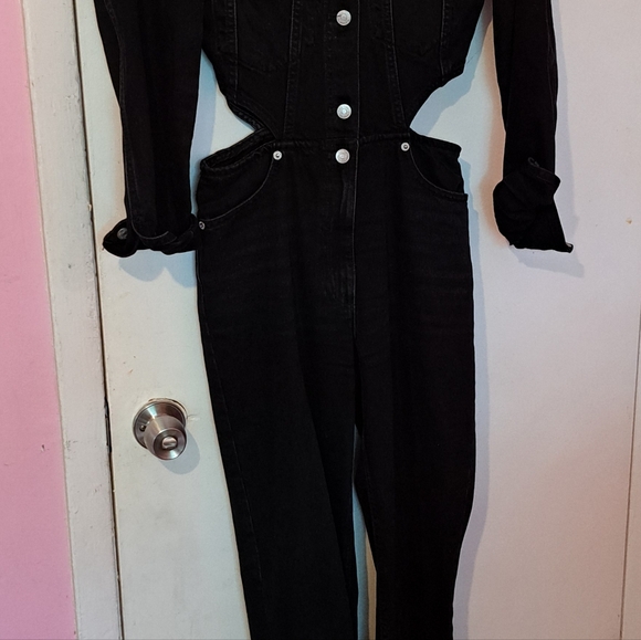 Zara size S Black cutout denim jumpsuit long sleeve - Picture 4 of 9